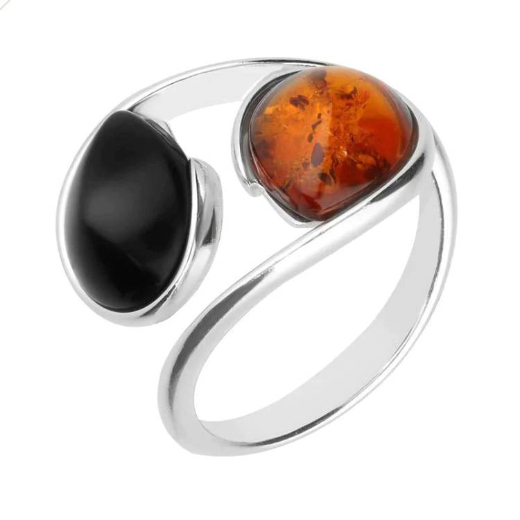 Sterling Silver Whitby Jet Amber Two Stone Pear Twist Ring - Silver