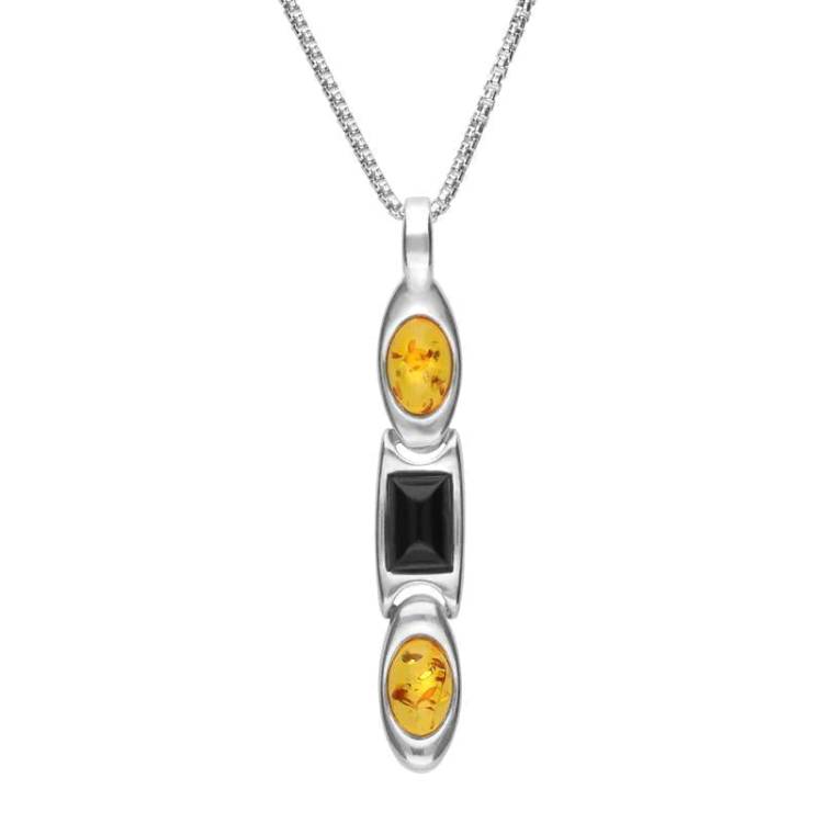 Sterling Silver Whitby Jet Amber Oval And Rectangle Necklace - Silver