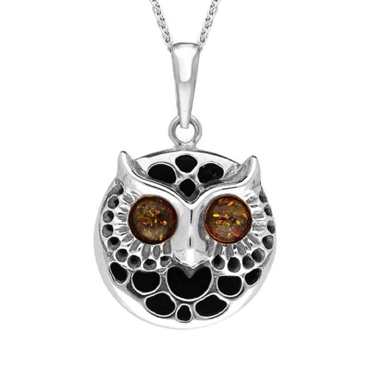 Sterling Silver Whitby Jet Amber Round Owl Face Necklace - Silver