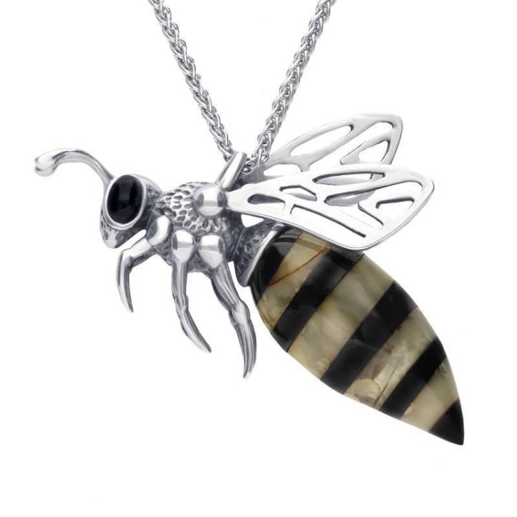 Sterling Silver Whitby Jet Amber Small Bee Necklace - Silver