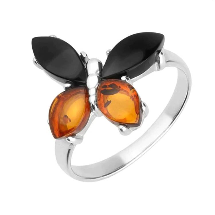 Sterling Silver Whitby Jet Amber Small Butterfly Ring - Silver