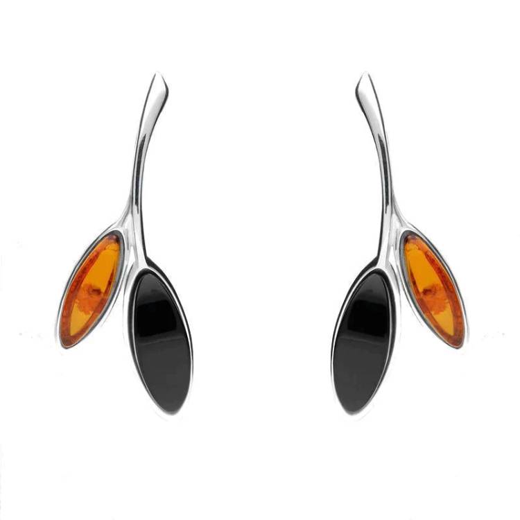 Sterling Silver Whitby Jet Amber Two Leaf Drop Stud Earrings - Silver