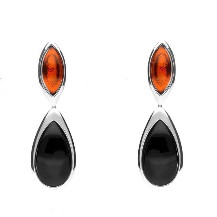 Sterling Silver Whitby Jet Amber Two Stone Marquise and Pear Drop Earrings - Silver