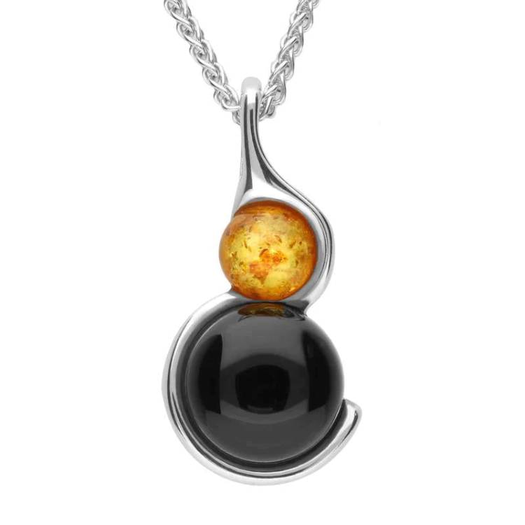 Sterling Silver Whitby Jet Amber Two Stone Necklace - Silver