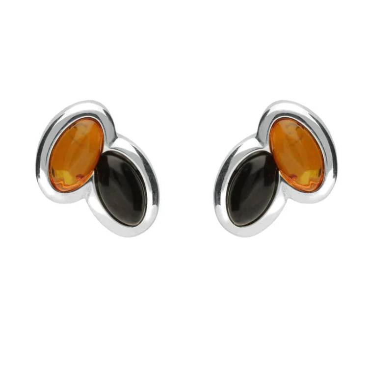 Sterling Silver Whitby Jet Amber Two Stone Stud Earrings - Silver