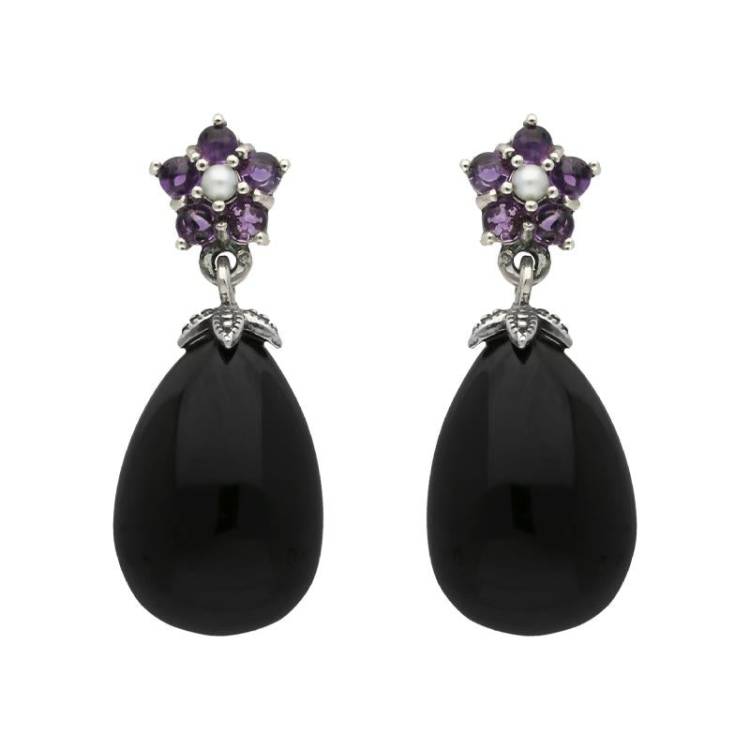 Sterling Silver Whitby Jet Amethyst Pearl Flower Drop Earrings - Silver