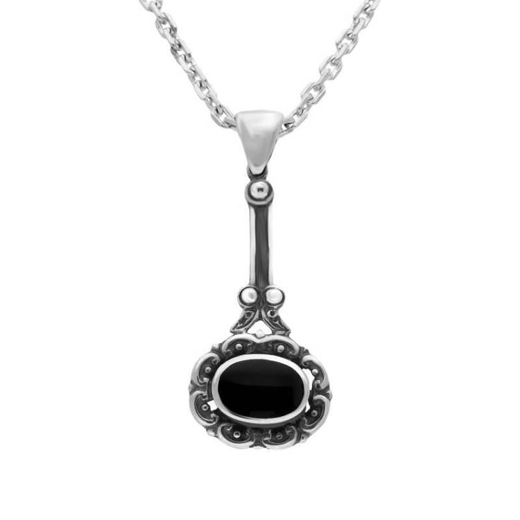 Sterling Silver Whitby Jet Antique Drop Necklace - Silver