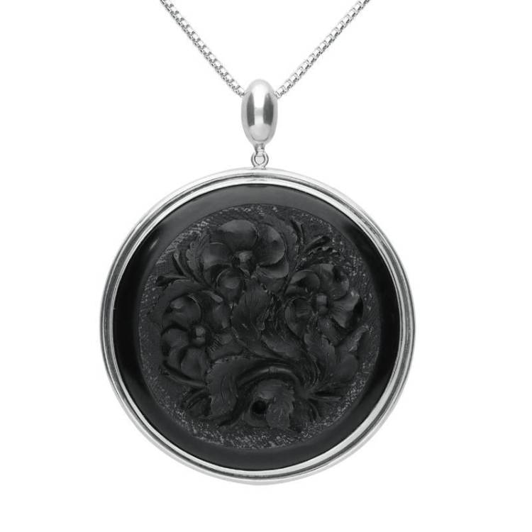 Sterling Silver Whitby Jet Antique Large Framed Floral Necklace D - Silver
