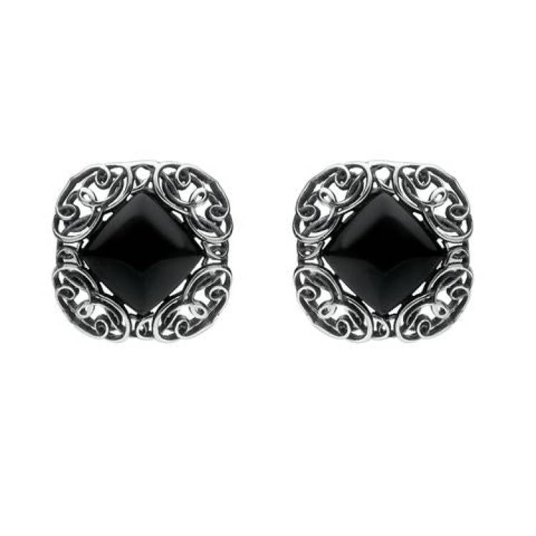 Sterling Silver Whitby Jet Antique Style Stud Earrings - Silver