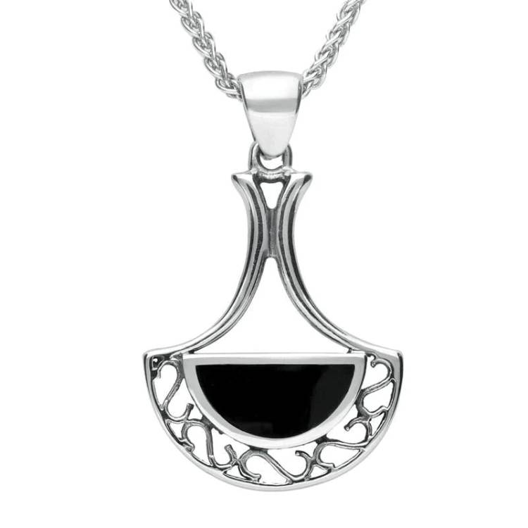 Sterling Silver Whitby Jet Art Deco Fan Necklace - Silver