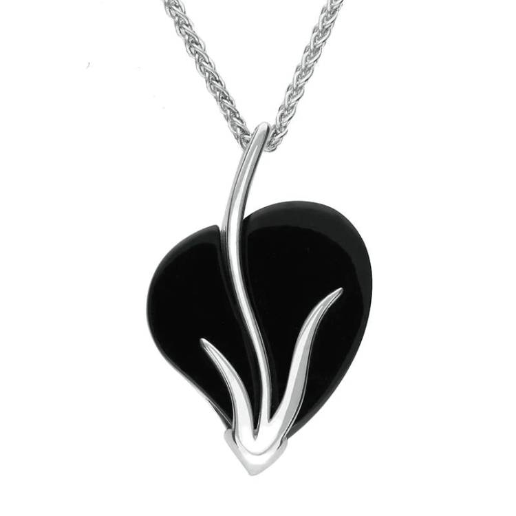 Sterling Silver Whitby Jet Art Nouveau Style Heart Necklace - Silver