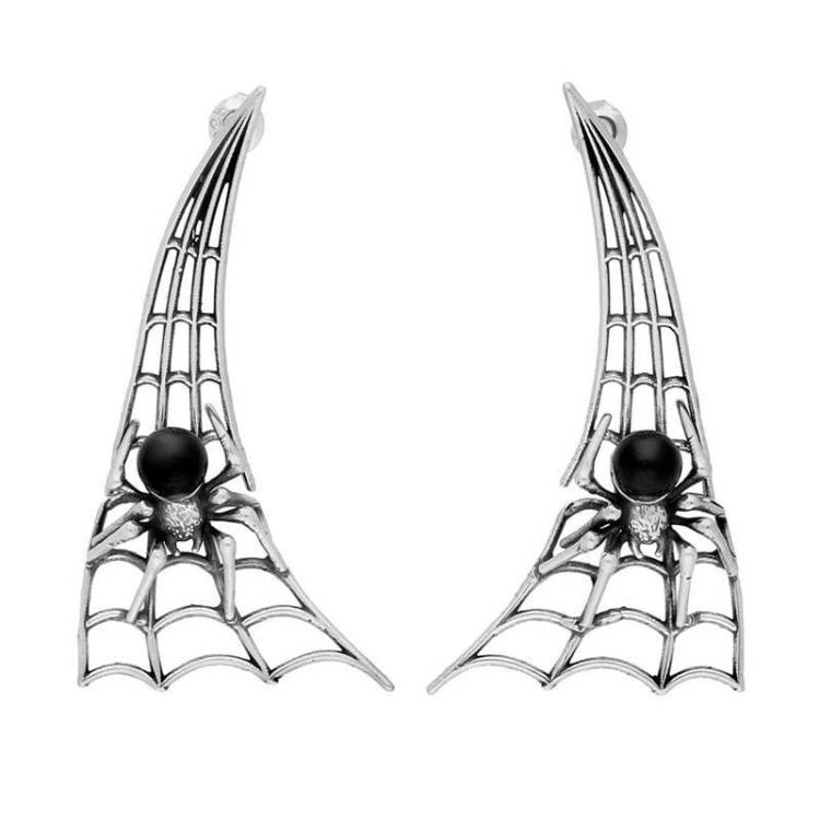Sterling Silver Whitby Jet Articulated Spider Web Drop Earrings - Silver