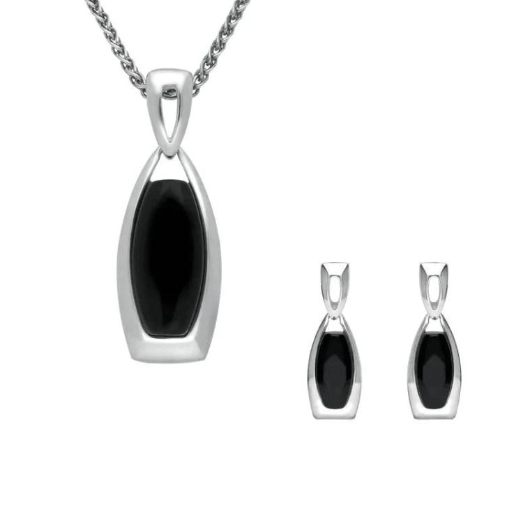 Sterling Silver Whitby Jet Barrel Shaped Two Piece Set