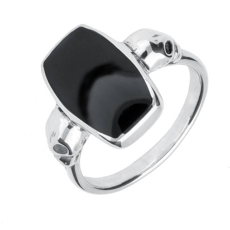 Sterling Silver Whitby Jet Barrel Skull Shank Ring - Silver