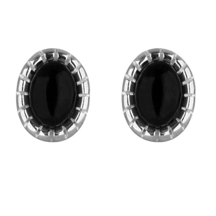 Sterling Silver Whitby Jet Bead Edge Stud Earrings - Silver