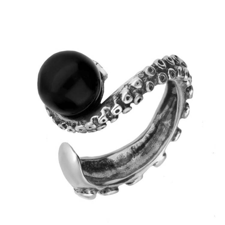 Sterling Silver Whitby Jet Bead Swirl Tentacle Ring - Option1 Value Silver