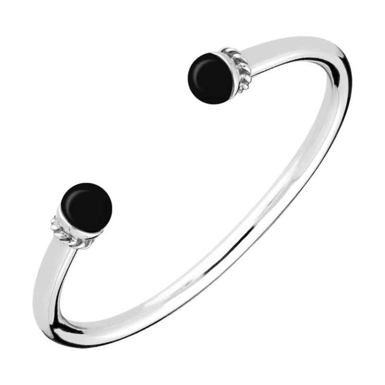 Sterling Silver Whitby Jet Bead Twist Bangle - Silver