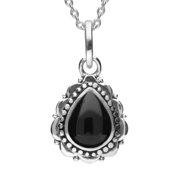 Sterling Silver Whitby Jet Beaded Edge Pear Shape Necklace - Silver