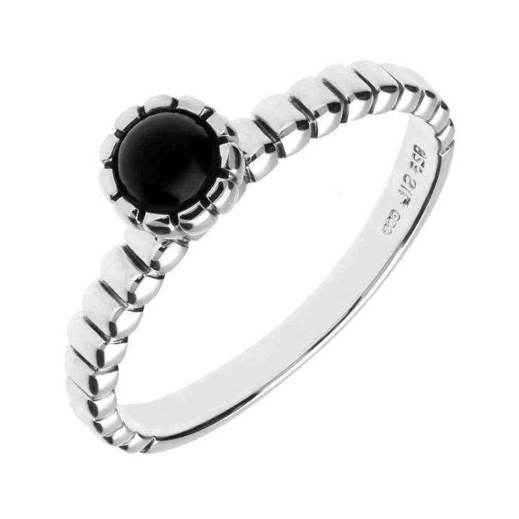 Sterling Silver Whitby Jet Beaded Edge Round Stacking Ring - Silver