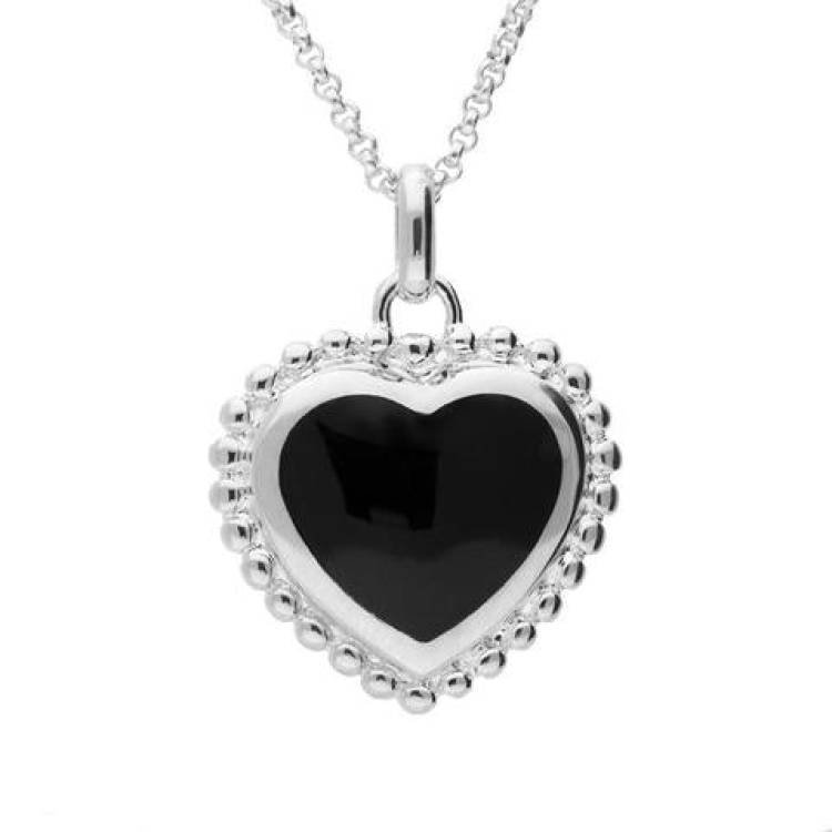 Sterling Silver Whitby Jet Beaded Heart Pendant Necklace - Option1 Value Silver