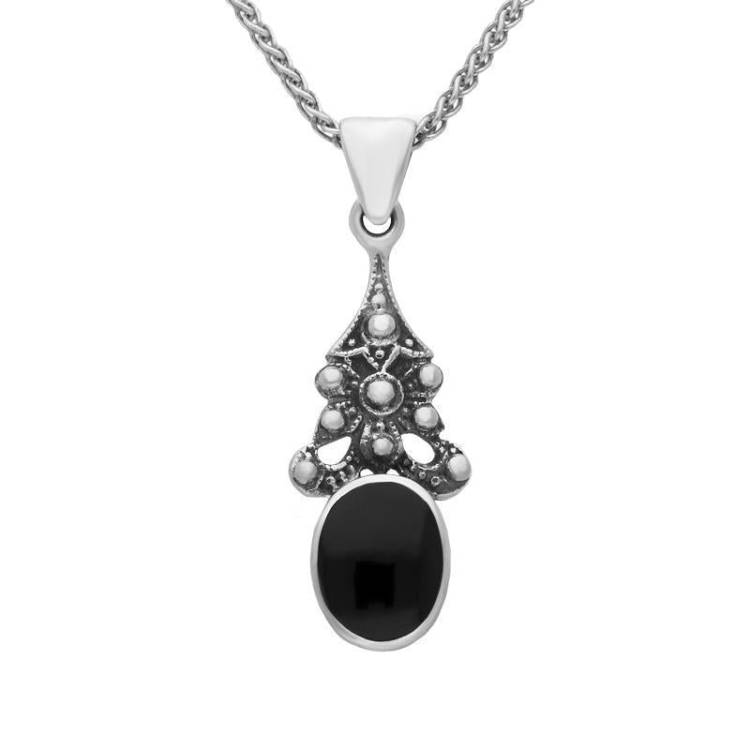 Sterling Silver Whitby Jet Beaded Oval Necklace - Silver