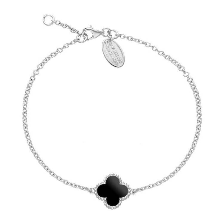 Sterling Silver Whitby Jet Bloom Four Leaf Clover Ball Edge Chain Bracelet - Silver