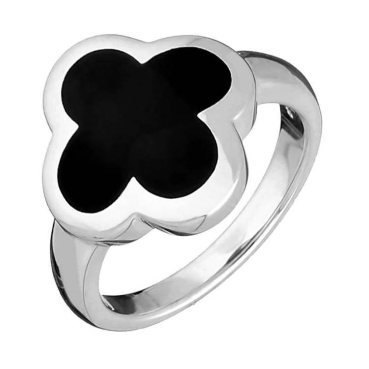 Sterling Silver Whitby Jet Bloom Four Leaf Clover Ring - Silver