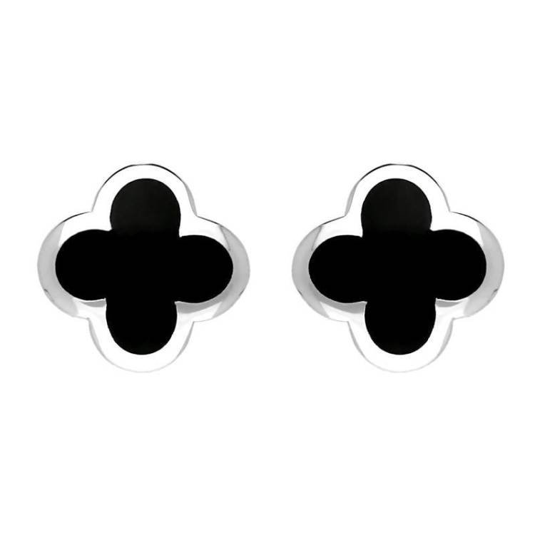 Sterling Silver Whitby Jet Bloom Four Leaf Clover Stud Earrings - Silver