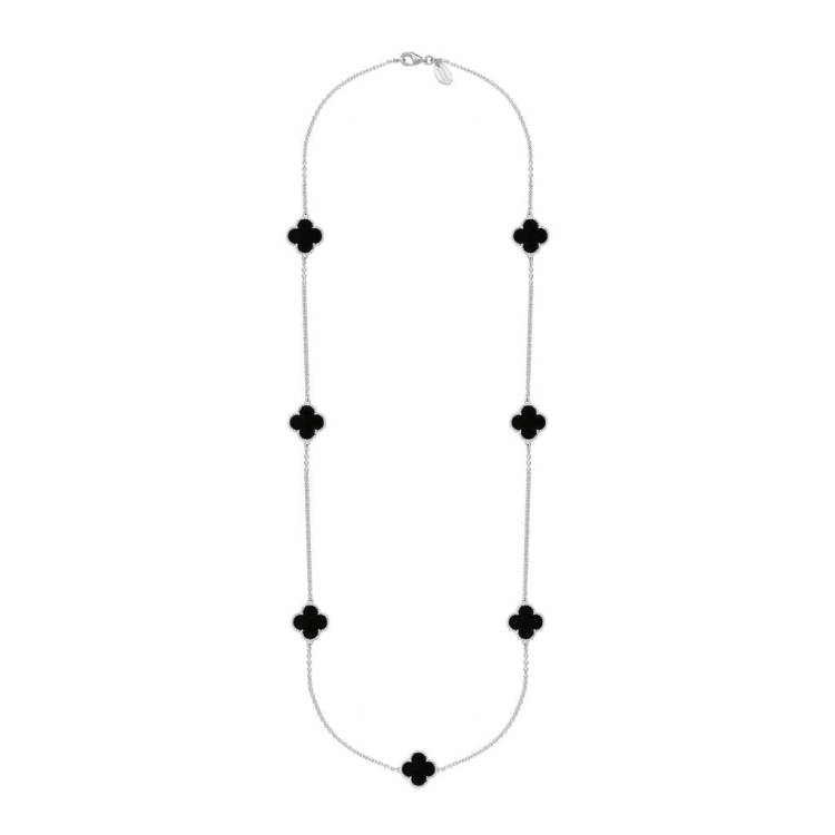 Sterling Silver Whitby Jet Bloom Four Leaf Clover Ball Edge Long Necklace - Silver