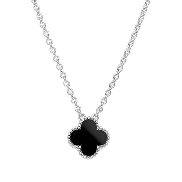 Sterling Silver Whitby Jet Bloom Small Four Leaf Clover Ball Edge Chain Necklace - Silver