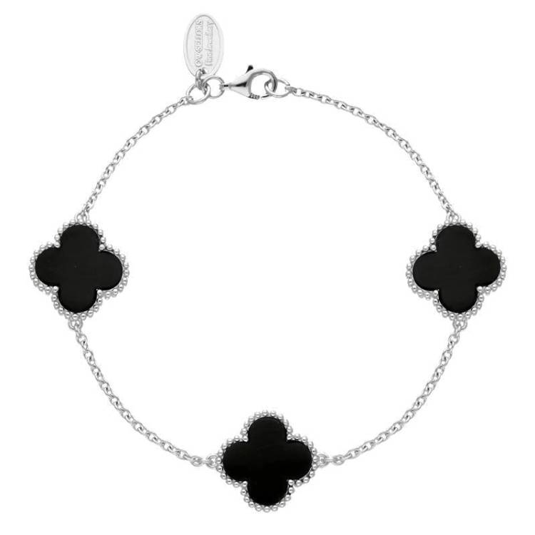 Sterling Silver Whitby Jet Bloom Four Leaf Clover Ball Edge Chain Bracelet