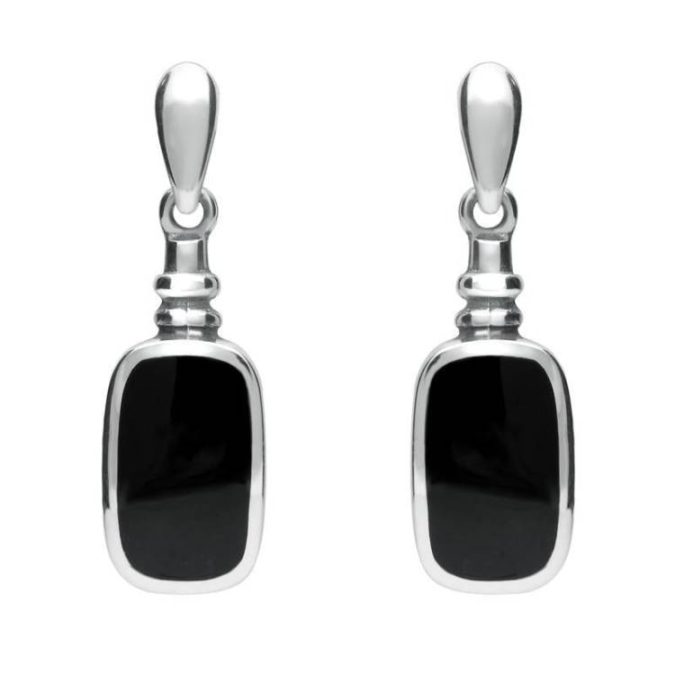 Sterling Silver Whitby Jet Oblong Bottle Top Drop Earrings - Silver