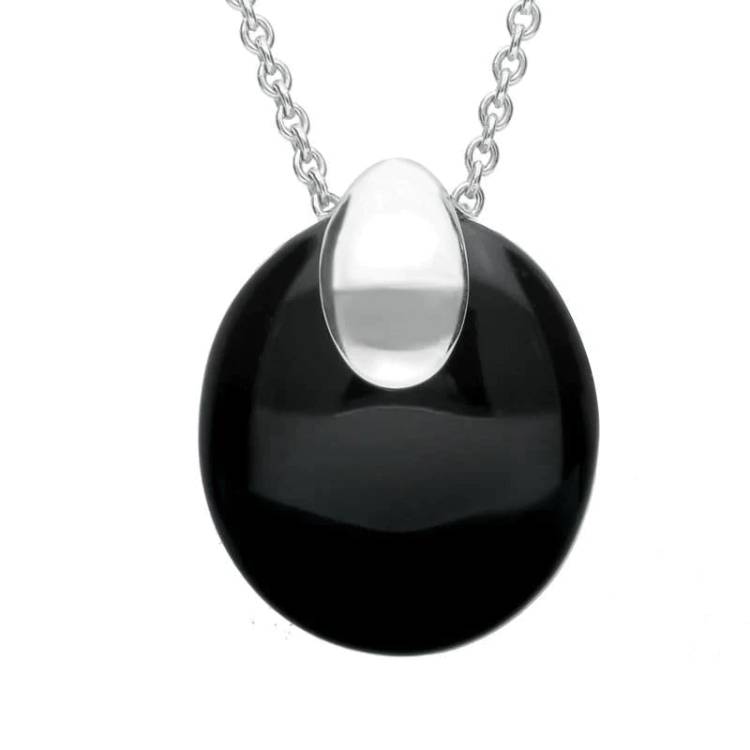 Sterling Silver Whitby Jet Oval Stone Necklace - Silver
