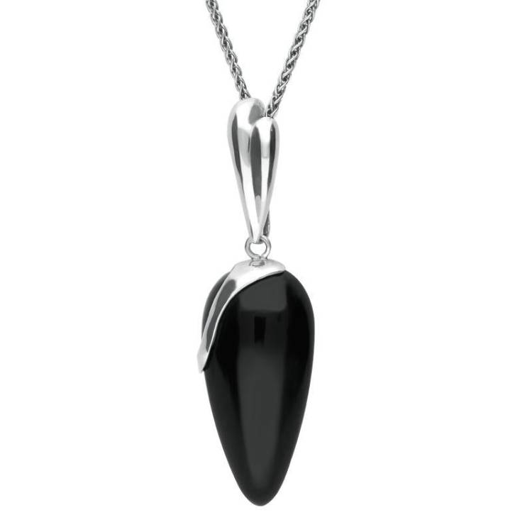 Sterling Silver Whitby Jet Capped Tear Drop Necklace - Silver