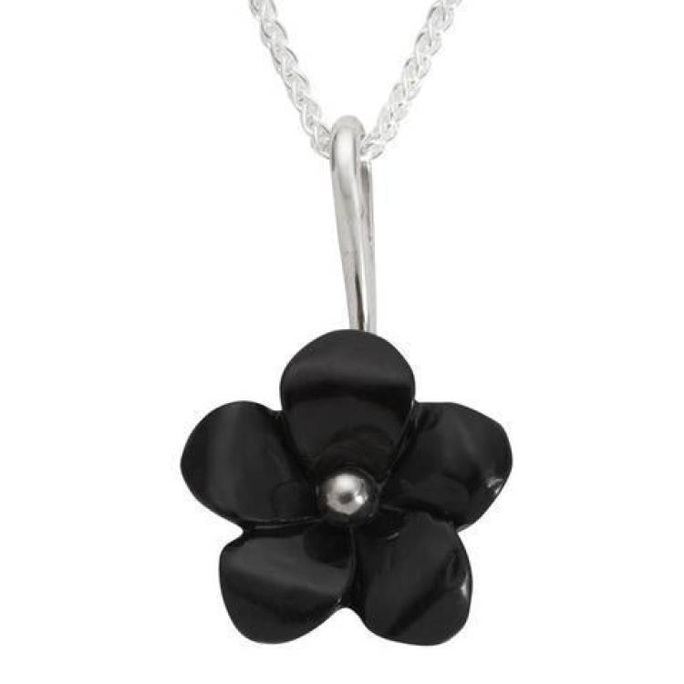 Sterling Silver Whitby Jet Tuberose Five Petal Flower Necklace - Silver