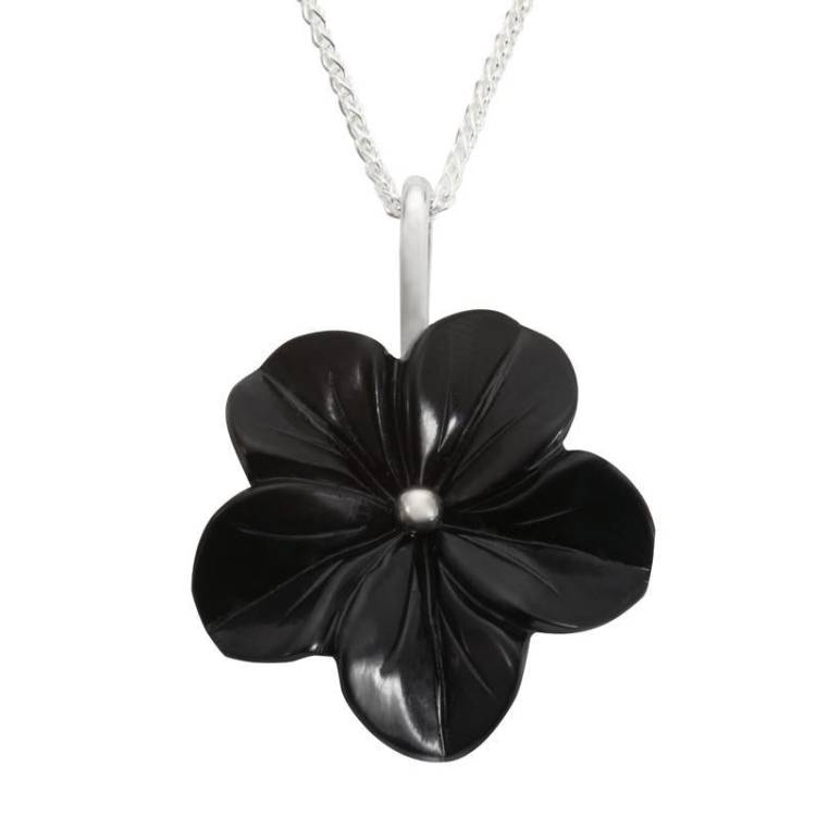 Sterling Silver Whitby Jet Tuberose 28mm Flower Necklace - Silver