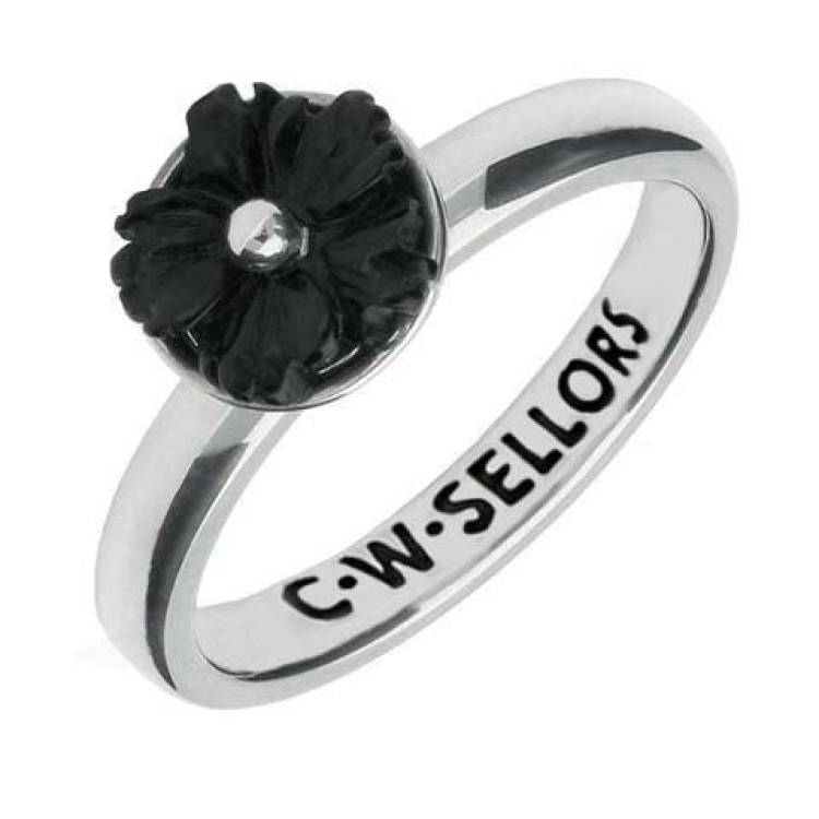 Sterling Silver Whitby Jet Tuberose Carved Flower Ring - Silver