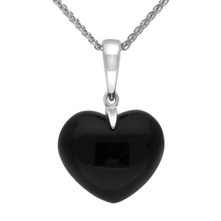 Sterling Silver Whitby Jet Carved Heart Necklace - Silver