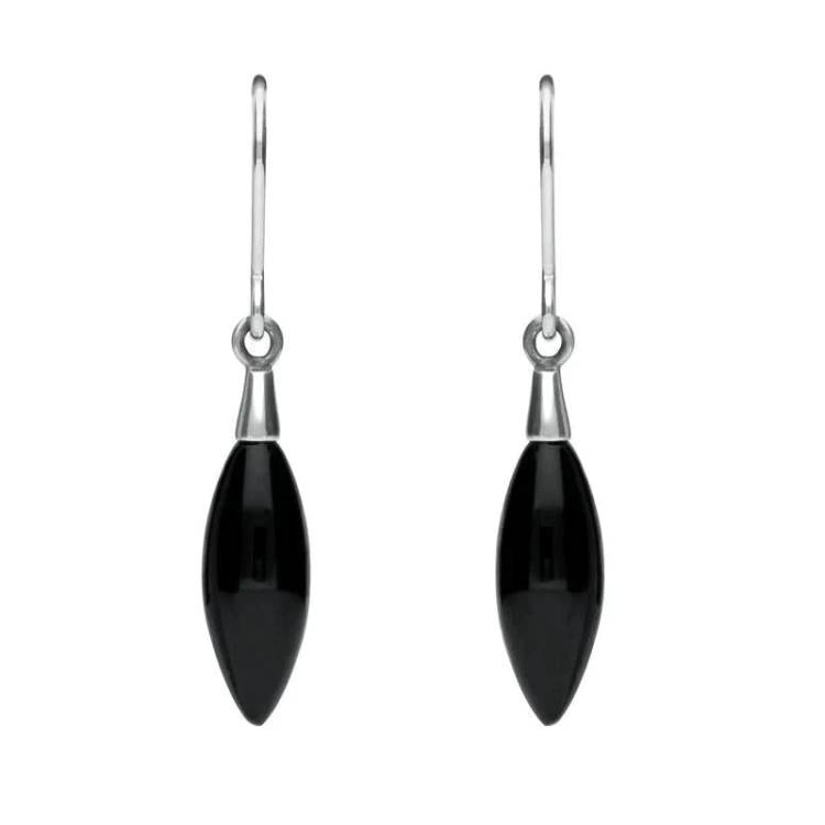 Sterling Silver Whitby Jet Carved Marquise Drop Earrings - Silver