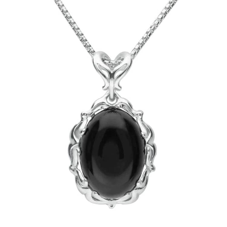 Sterling Silver Whitby Jet Carved Oval Necklace - Silver