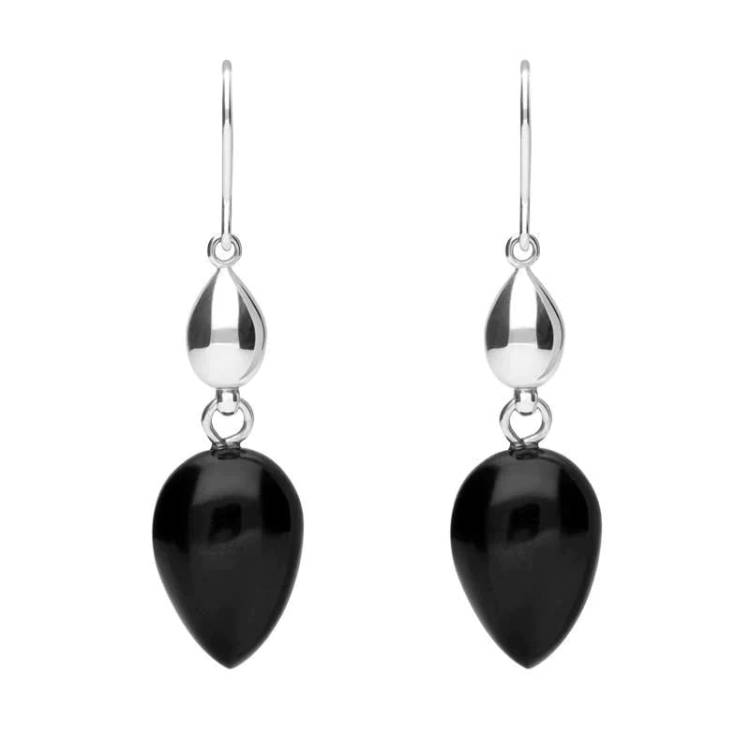 Sterling Silver Whitby Jet Carved Pear Bead Drop Hook Earrings - Option1 Value Silver