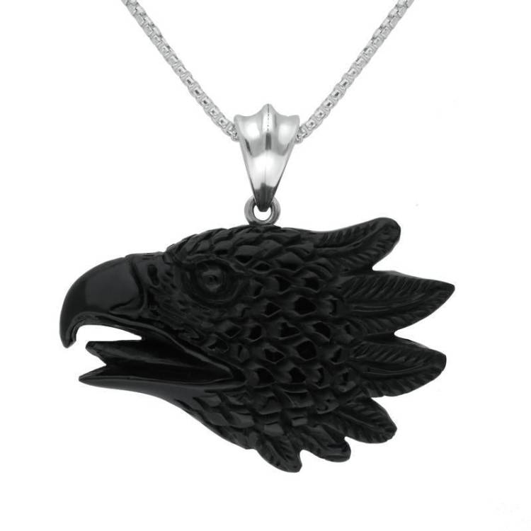 Sterling Silver Whitby Jet Carved Phoenix Head Necklace - Silver