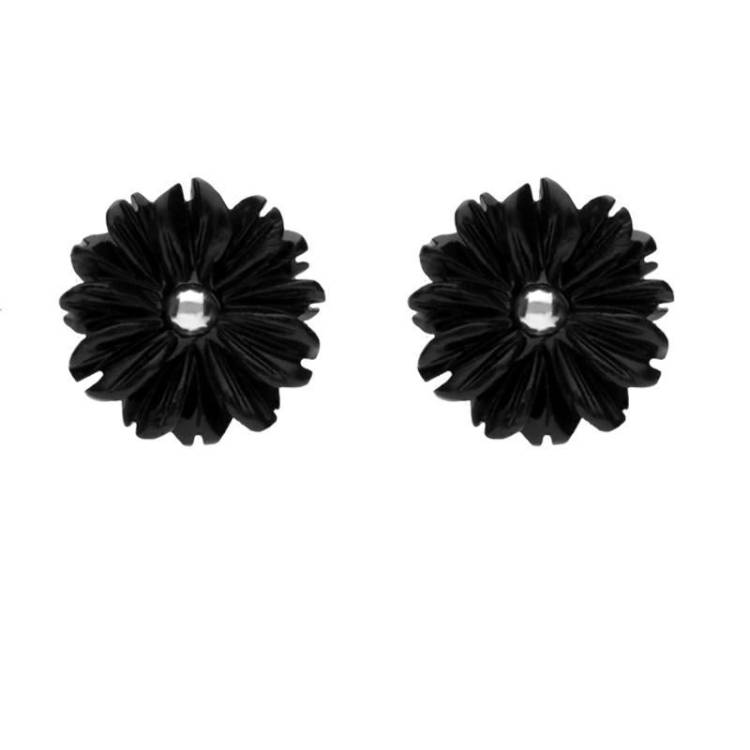 Sterling Silver Whitby Jet Tuberose 10mm Flower Stud Earrings - Silver