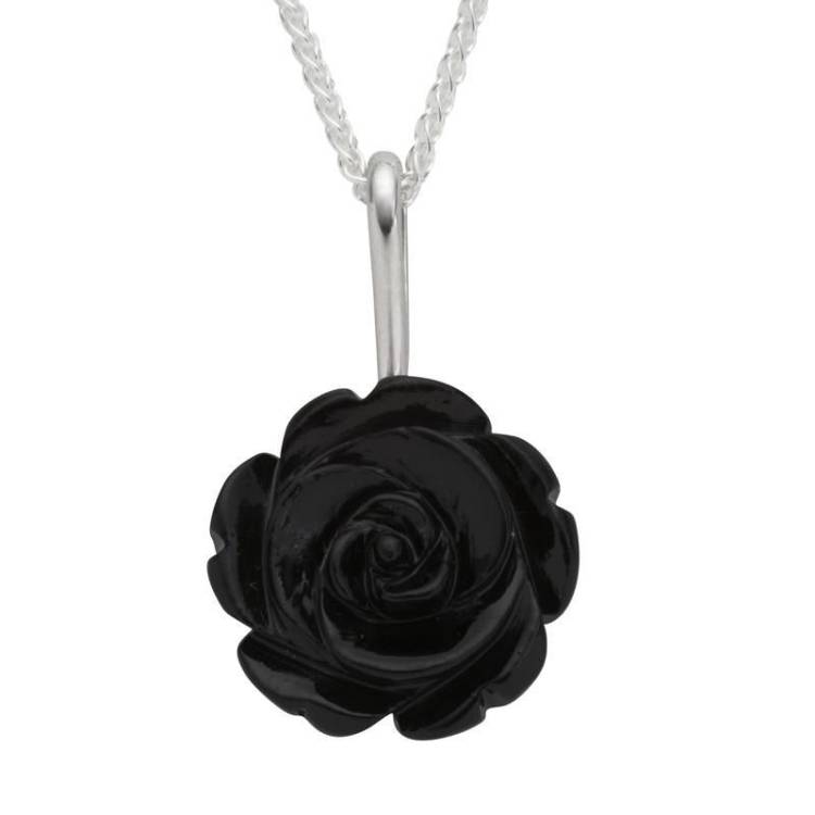 Sterling Silver Whitby Jet Tuberose 18mm Rose Necklace - Silver