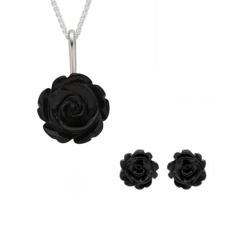 Sterling Silver Whitby Jet Tuberose Rose Two Piece Set - Silver