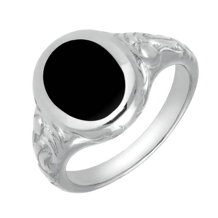 Sterling Silver Whitby Jet Carved Shoulder Oval Signet Ring