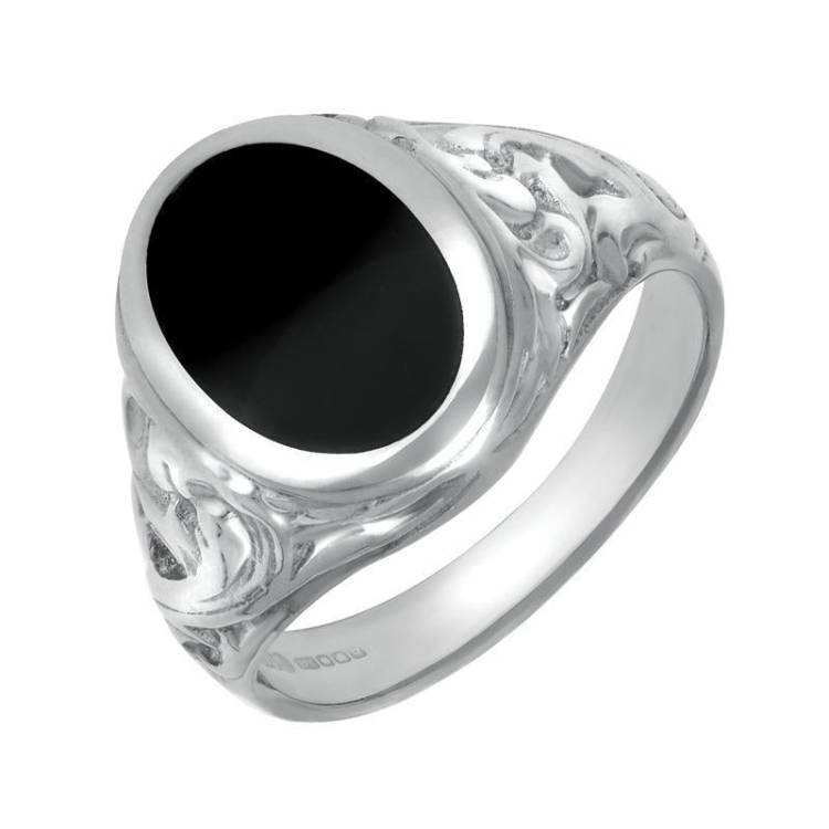 Sterling Silver Whitby Jet Carved Shoulder Oval Signet Ring - Silver
