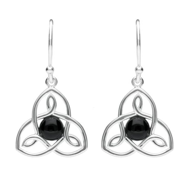 Sterling Silver Whitby Jet Celtic Knot Hook Drop Earrings - Silver
