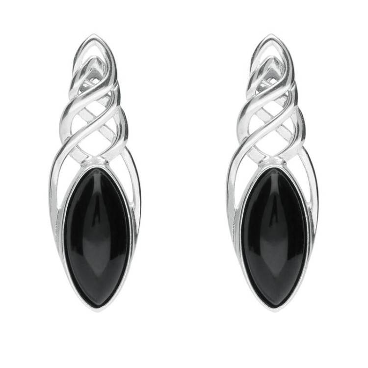 Sterling Silver Whitby Jet Celtic Long Marquise Stud Earrings - Silver