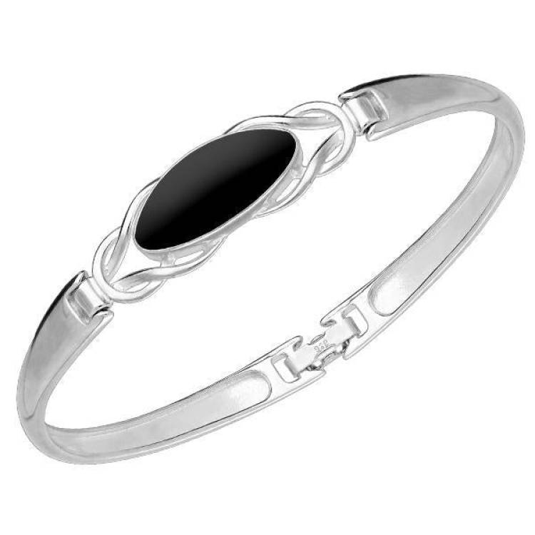 Sterling Silver Whitby Jet Celtic Oval Clip Bangle - Option1 Value Silver